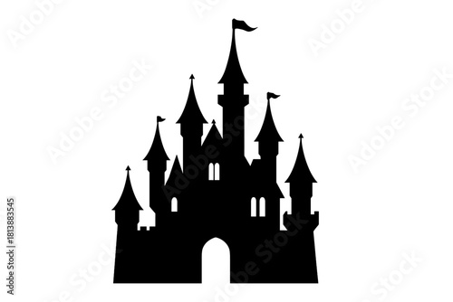 Majestic fairytale castle silhouette featuring multiple towers and flags on spires