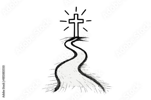 Winding path leading toward a glowing Christian cross symbolizing faith and spiritual journey