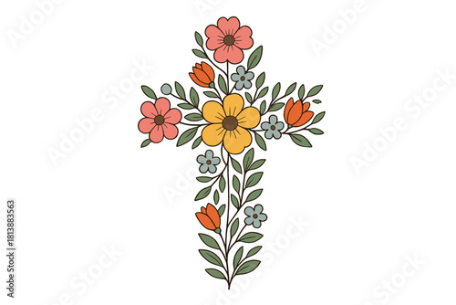 Colorful groovy floral cross symbol created from spring flowers and green foliage