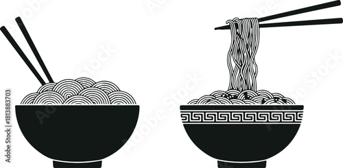 Black and White Icons of Noodles in Bowls with Chopsticks