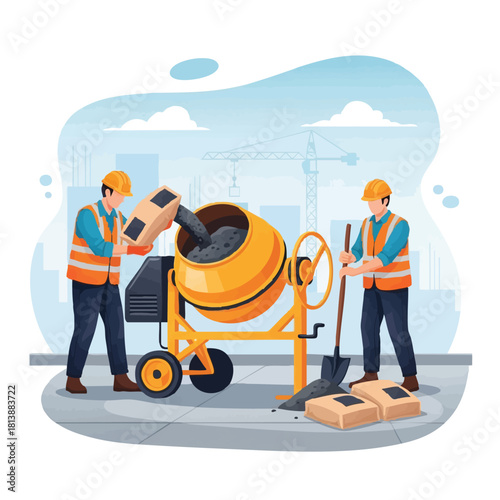 Two diligent construction workers efficiently operate a portable cement mixer, preparing materials with shovels and bags for a new urban development project.