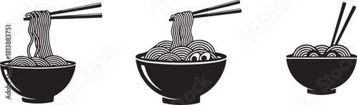 Black and White Icons of Noodles in Bowls with Chopsticks
