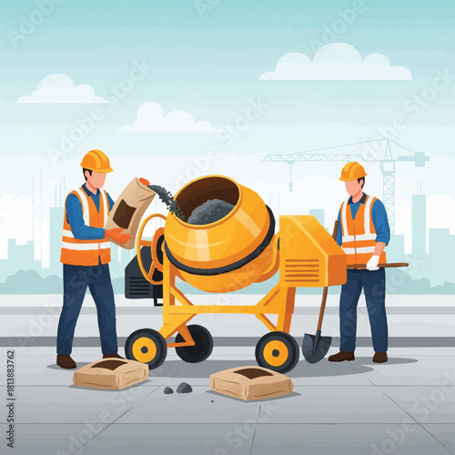Two diligent construction workers are expertly operating a portable cement mixer to prepare concrete for an urban building project under a clear sky.