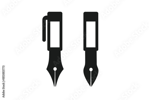 Classic fountain pen nibs and caps presented as black silhouettes on a white background