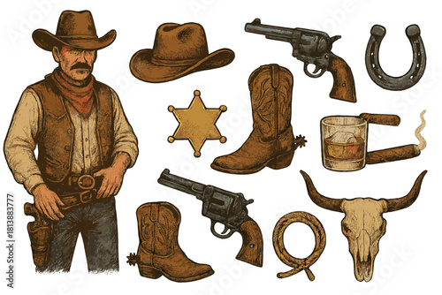 Vintage Wild West accessories collection with cowboy, revolvers, boots, and hat