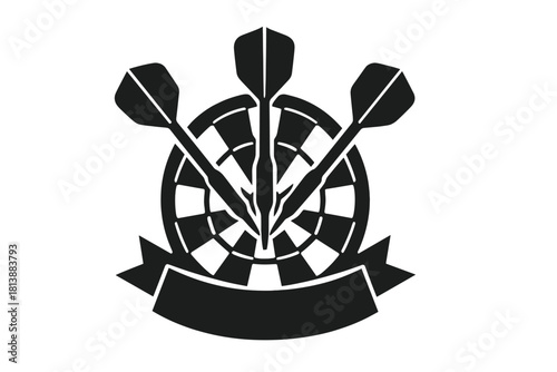 Black and white emblem showing a dartboard with three darts hitting the bullseye and a blank ribbon banner