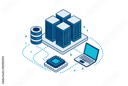 Isometric cloud computing infrastructure showing server racks, data storage, microchip, and connected laptop