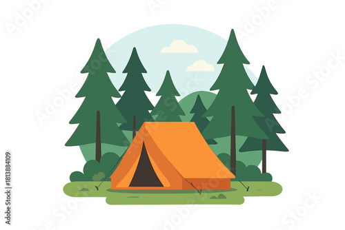 Bright orange tent set up in a peaceful forest clearing surrounded by tall evergreen trees