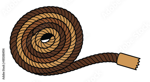 Coiled brown and tan rope with a frayed end