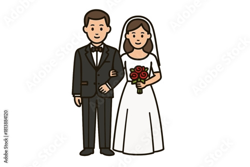 Smiling bride and groom standing arm in arm celebrating their marriage ceremony