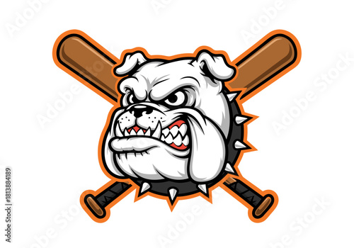 Furious bulldog head logo illustration for athletic teams, featuring crossed baseball bats, a strong mascot design