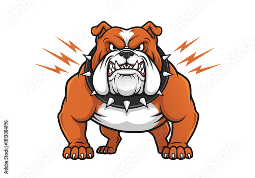 Powerful and fierce cartoon bulldog logo illustration with aggressive expression and spiked collar. Perfect for mascot design