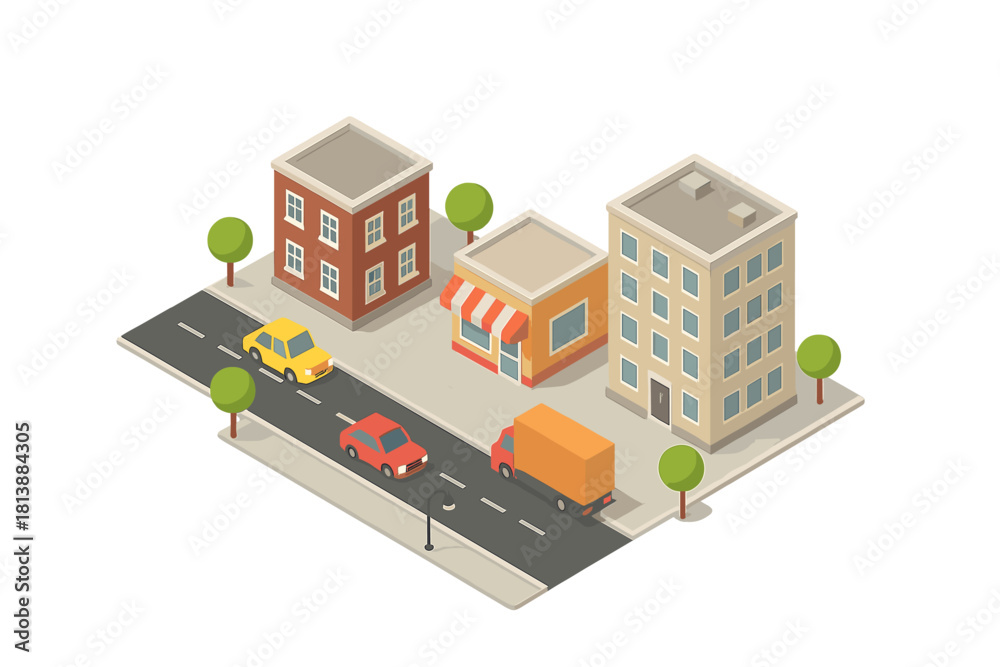 Fototapeta premium Isometric view of a downtown street with residential buildings, retail shop, and moving traffic