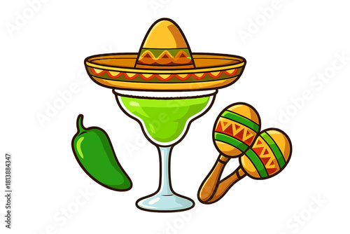 Festive Mexican objects including a margarita glass topped with a sombrero, maracas, and a jalapeno pepper