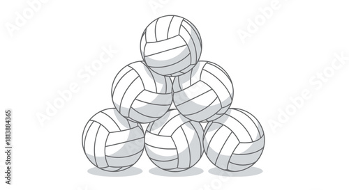 Monochromatic outline illustration depicting a pyramid stack of six classic volleyballs, symbolizing teamwork, athleticism, and the spirit of competitive sports