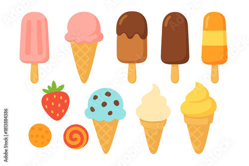Set of different summer frozen desserts including ice cream cones and popsicles