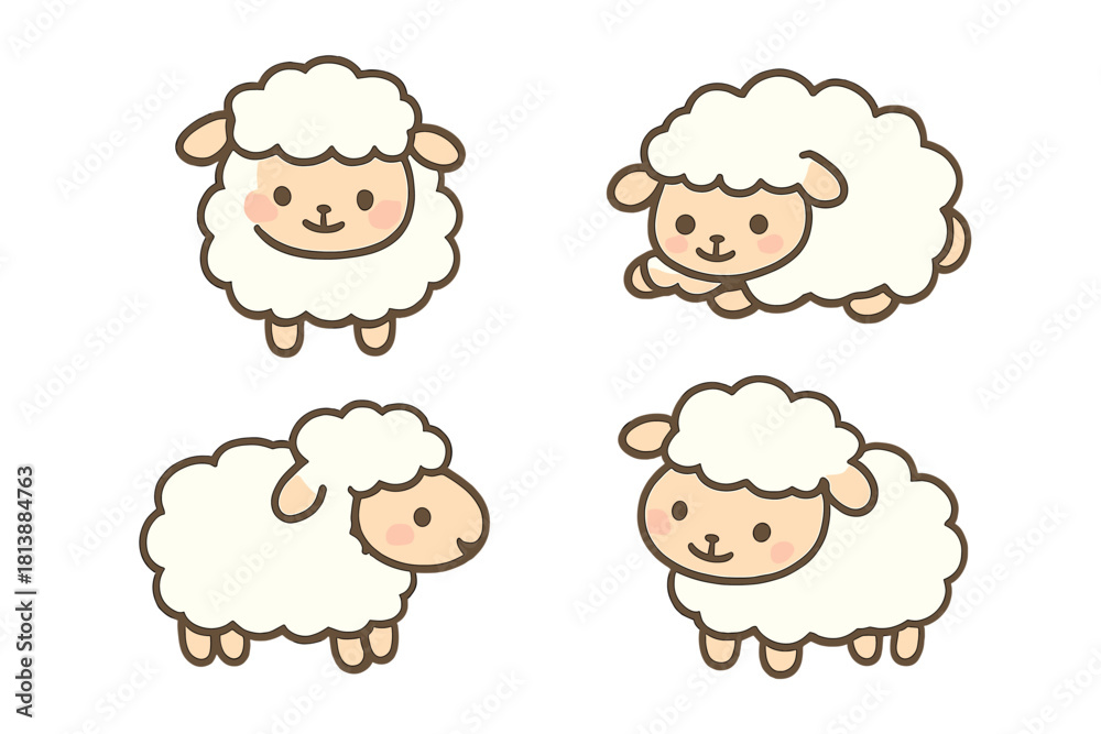 Obraz premium Set of adorable fluffy white cartoon sheep characters in various poses