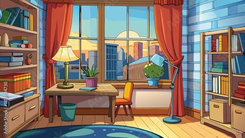 Cartoon city study room with desk and books vector illustration ai generated art