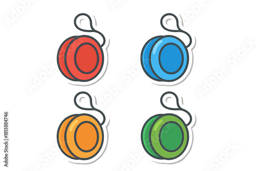 Four colorful classic yo-yo toys with strings rendered in sticker style