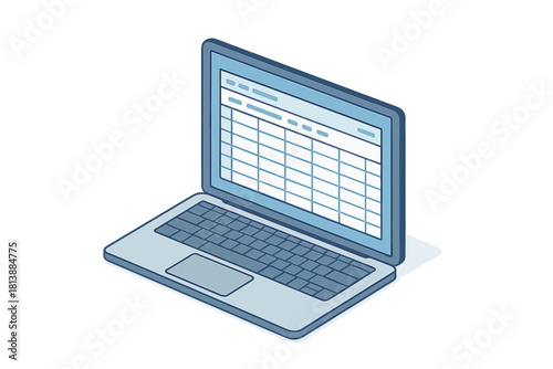 Isometric view of a modern laptop displaying a data grid or spreadsheet application