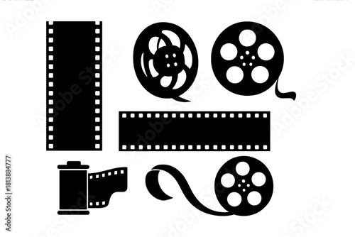 Classic movie and photography elements set with film strips, reels, and canister shapes in black silhouette