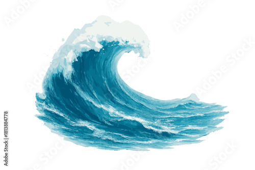 Massive curling blue sea wave with white foam isolated against a pure white backdrop