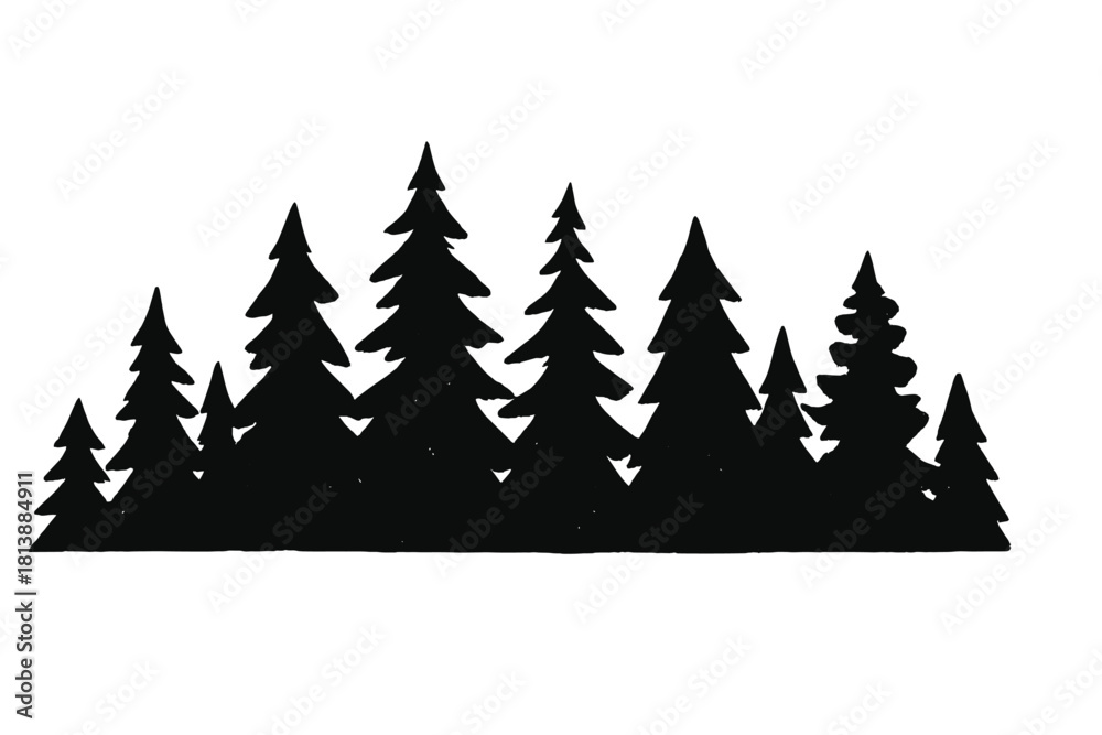 Obraz premium Dense black silhouette of coniferous forest border isolated on white background