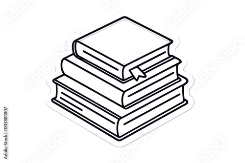 Minimalist black and white outline drawing of a stack of three closed books with a bookmark