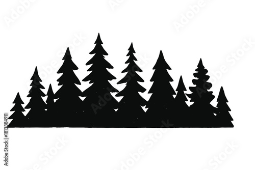 Dense black silhouette of coniferous forest border isolated on white background
