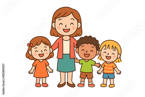 Happy female teacher standing with diverse group of smiling elementary school children