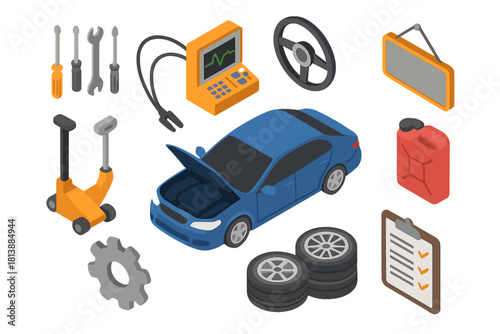 Isometric car repair tools, maintenance equipment, vehicle parts, and diagnostics
