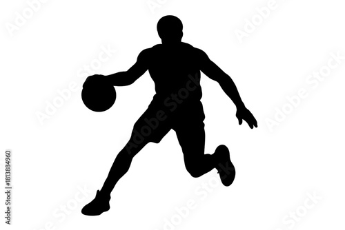 Black silhouette of a basketball player running fast while dribbling the ball