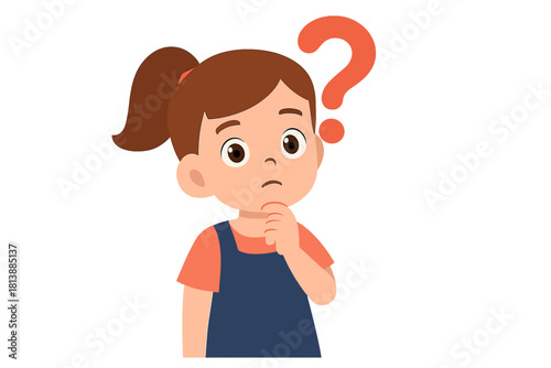 Cute cartoon girl thinking deeply with a big question mark floating next to her head