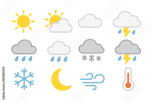 Essential weather forecast icons including sun, clouds, rain, snow, wind, and temperature symbols