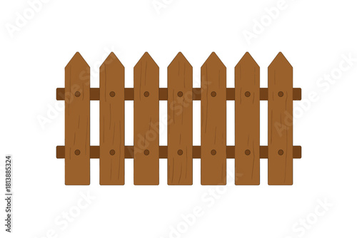 Simple brown wooden picket fence section with pointed planks isolated on a white background