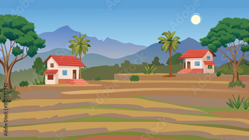 Warm evening glow covering a deep Asian village path, massive old tree casting beautiful shadows vector illustration ai generated art