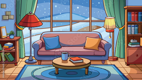 Cute winter-themed cartoon bedroom with a comfy sofa near a large window vector illustration ai generated art