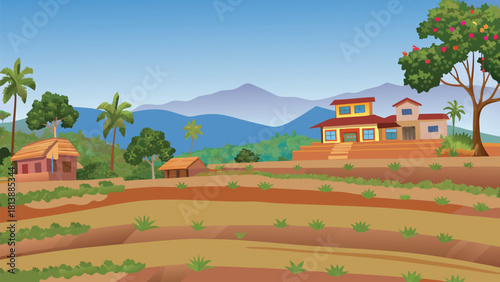 Soft glowing sunset drifting over a deep mountain-edge Asian village, giant tree rising from the hillside vector illustration ai generated art