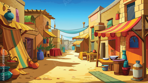 Warm dusk sunlight falling over a deep Asian rural settlement, cartoon market street vector illustration ai generated art