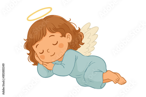 Cute baby angel sleeping peacefully with wings and halo isolated on white