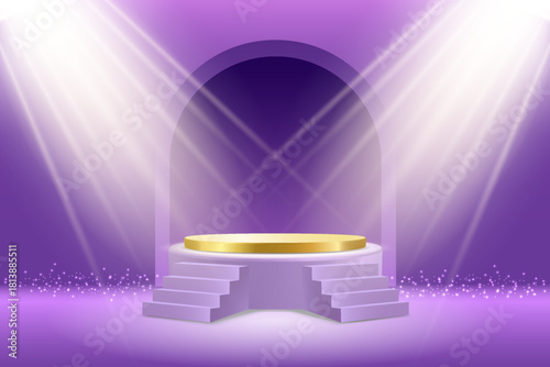 Luxury purple podium with golden stage under spotlight in elegant hall interior.