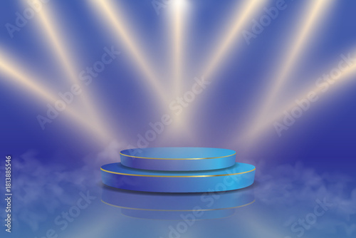 Blue stage podium with spotlight beams background.