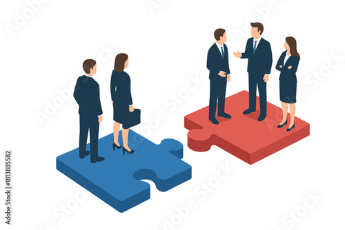 Corporate business teams standing on separate puzzle pieces negotiating a deal or discussing collaboration