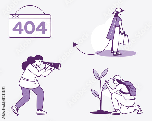 Illustrated vector graphics featuring people exploring ideas, adventures, nature and online errors in a modern style