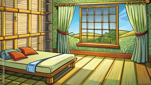 Simple farmer mud shelter at night with blankets on the ground vector illustration ai generated art