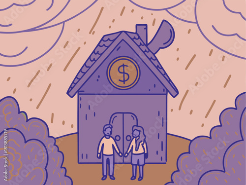 Illustration depicting a couple standing before a house symbolizing financial security and home ownership with transparency.