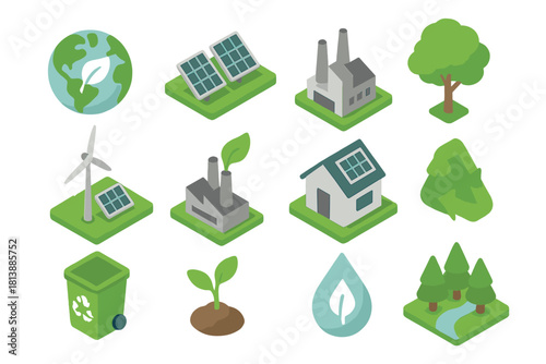 Isometric icons for environmental protection, renewable energy, and sustainable development concepts