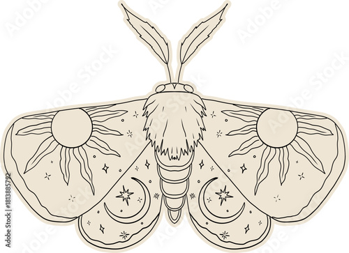 Celestial moth, butterfly line magic mystical tattoo. Universe wing moth. Celestial occult moon sketch. Line animal drawing design. Esoteric totem boho insect with space wings.