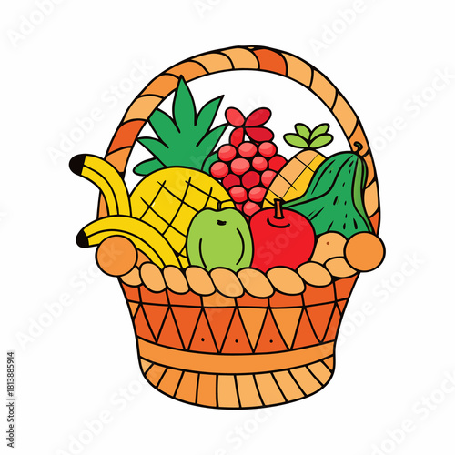 Colorful fruit basket illustration with assorted fresh healthy fruits