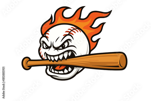 Dynamic aggressive baseball mascot character with flames biting a wooden bat